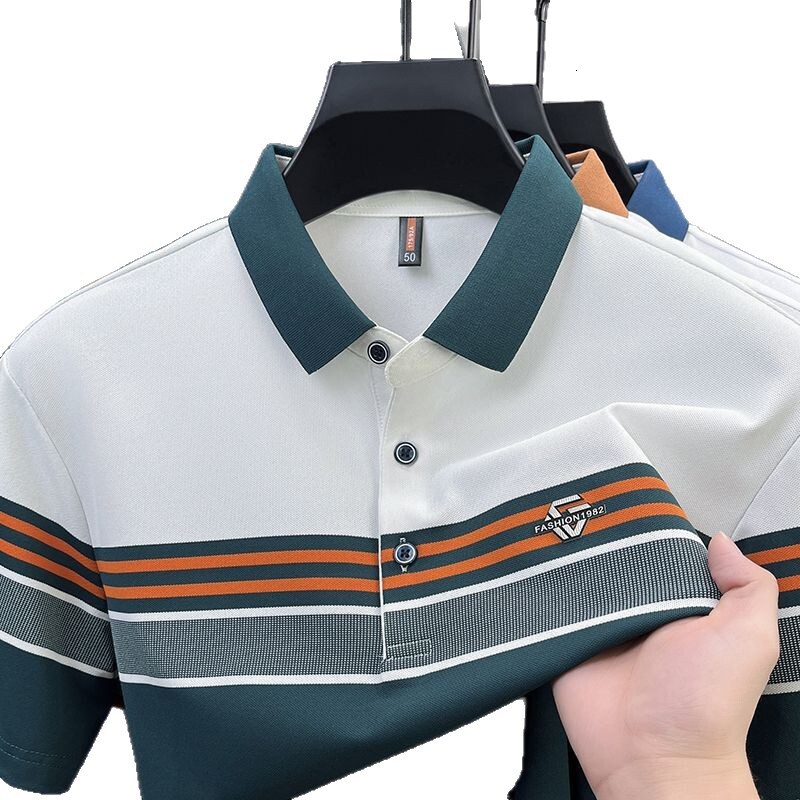 Luxury Brand Designer Mens 2026 Summer New Business Casual Striped Polo Shirt Color Woven Wide Stripe Short Sleeve T-Shirt Dad Wear Chic Stylish Moder