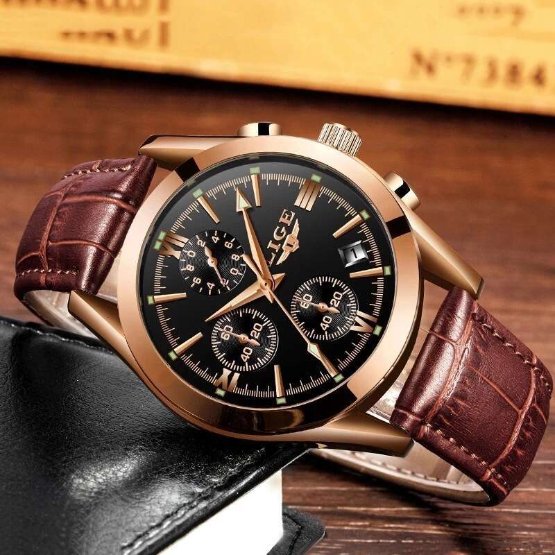 LIGE Men's Quartz Watch, 38mm Steel Case, Leather Band, Three-Dial Luxury Timepiece, Japan and Korean Style - view 3