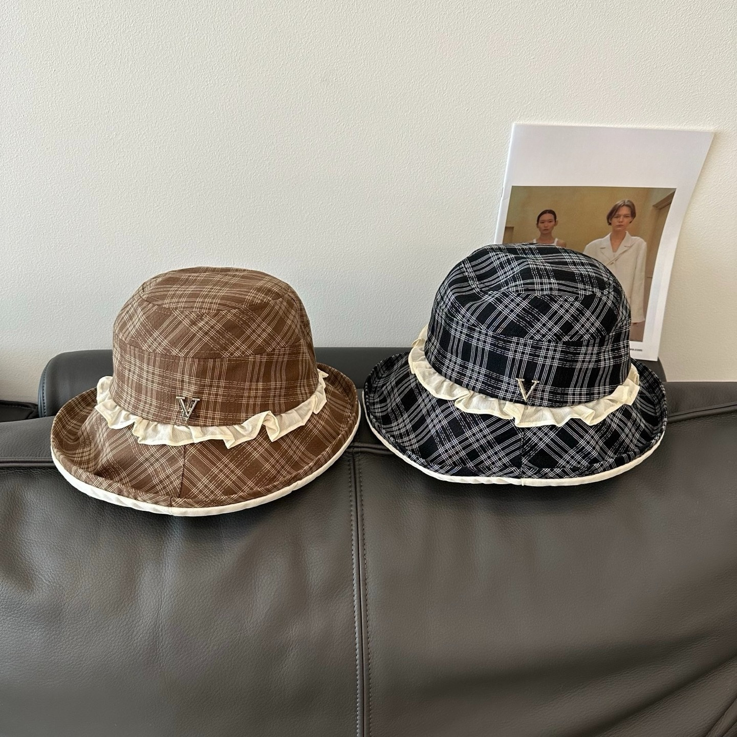 Plaid Ruffle Trim Bucket Hat for Women Designer Bucket Hat Preppy Style Wide Brim UV Protection Sun Hat Casual Summer Fisherman Cap