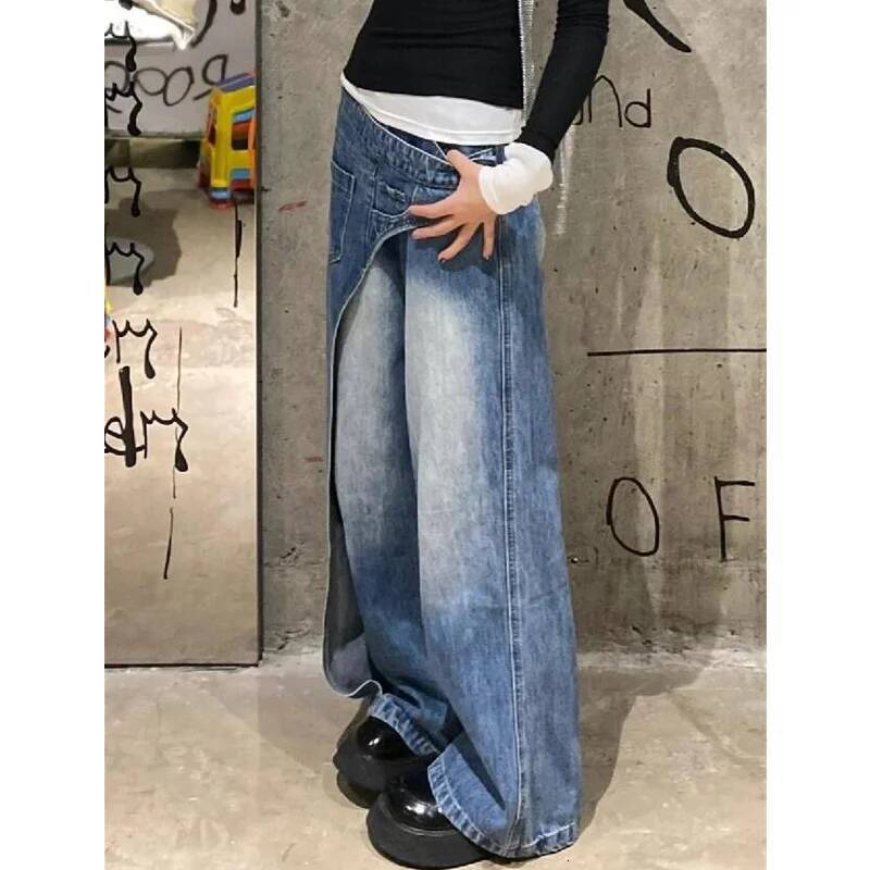 2024 Autumn Women's Casual Style Jeans Vintage Aesthetic Harajuku Loose Washed Pants Blue Wide Leg Punk Baggy Denim Trouser dongdumaoyi