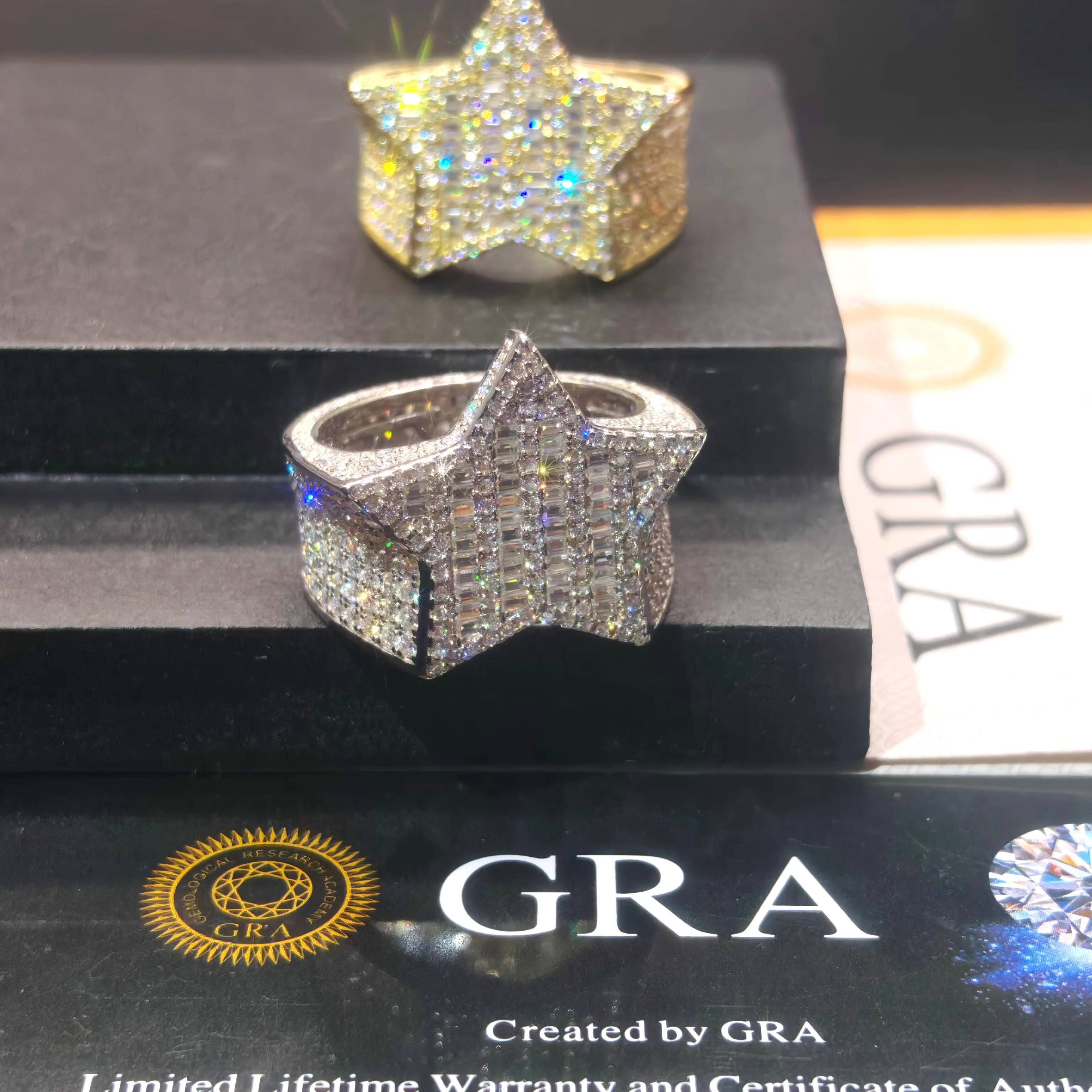 2025 Star Hip Hop Full Melee Moissanite Rings S925 White Yellow Gold Plated Mens GRA Certificate Ring