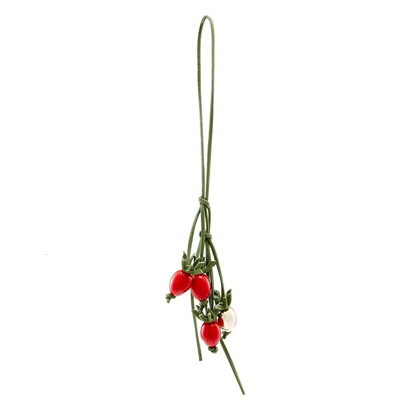 Classic Woven Straw Basket Keychain, Tomato String Bag Charm with Crystal Pillar Bone Accent, Model 5734, Tote and Car Keychains Accessory