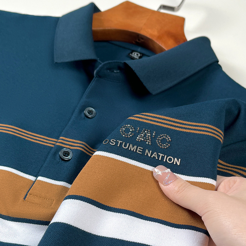 Designer Polo Shirt Mens Color Block Striped Rhinestone Letter Print Business Casual Short Sleeve Breathable Cotton Top For Summer Daily Office Fashio