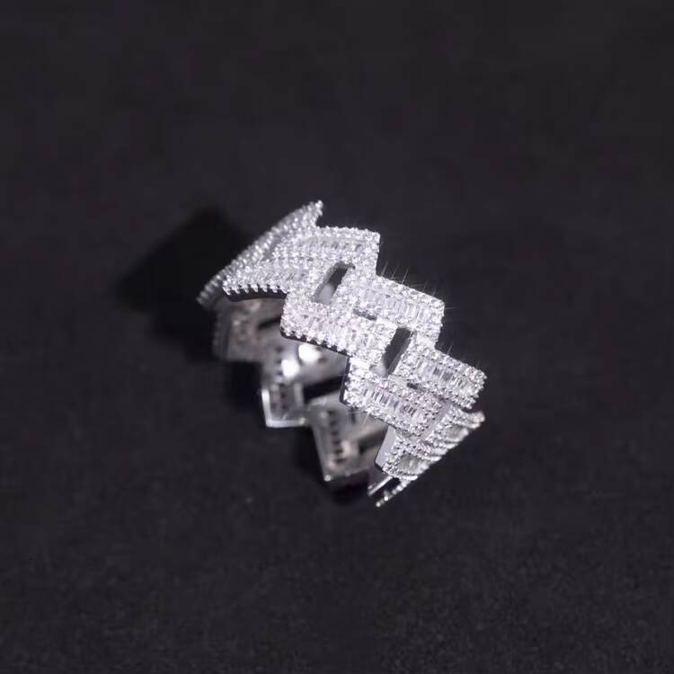 Hip Hop Men Women Fine Jewelry Iced Out Gold Plated 925 Sterling Silver VVS Baguette Moissanite Diamond Cuban Link Ring