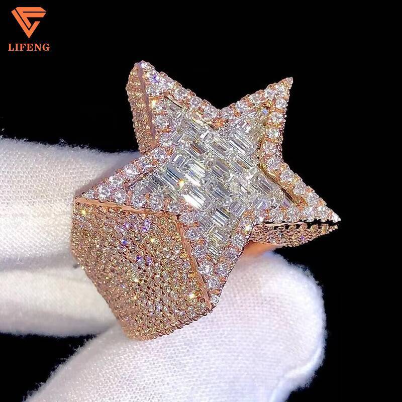 Gold Plated Luxury Diamond Men Hip Hop Finger Ring Fine Jewelry S925 Sterling Silver Full Moissanite Star Ring
