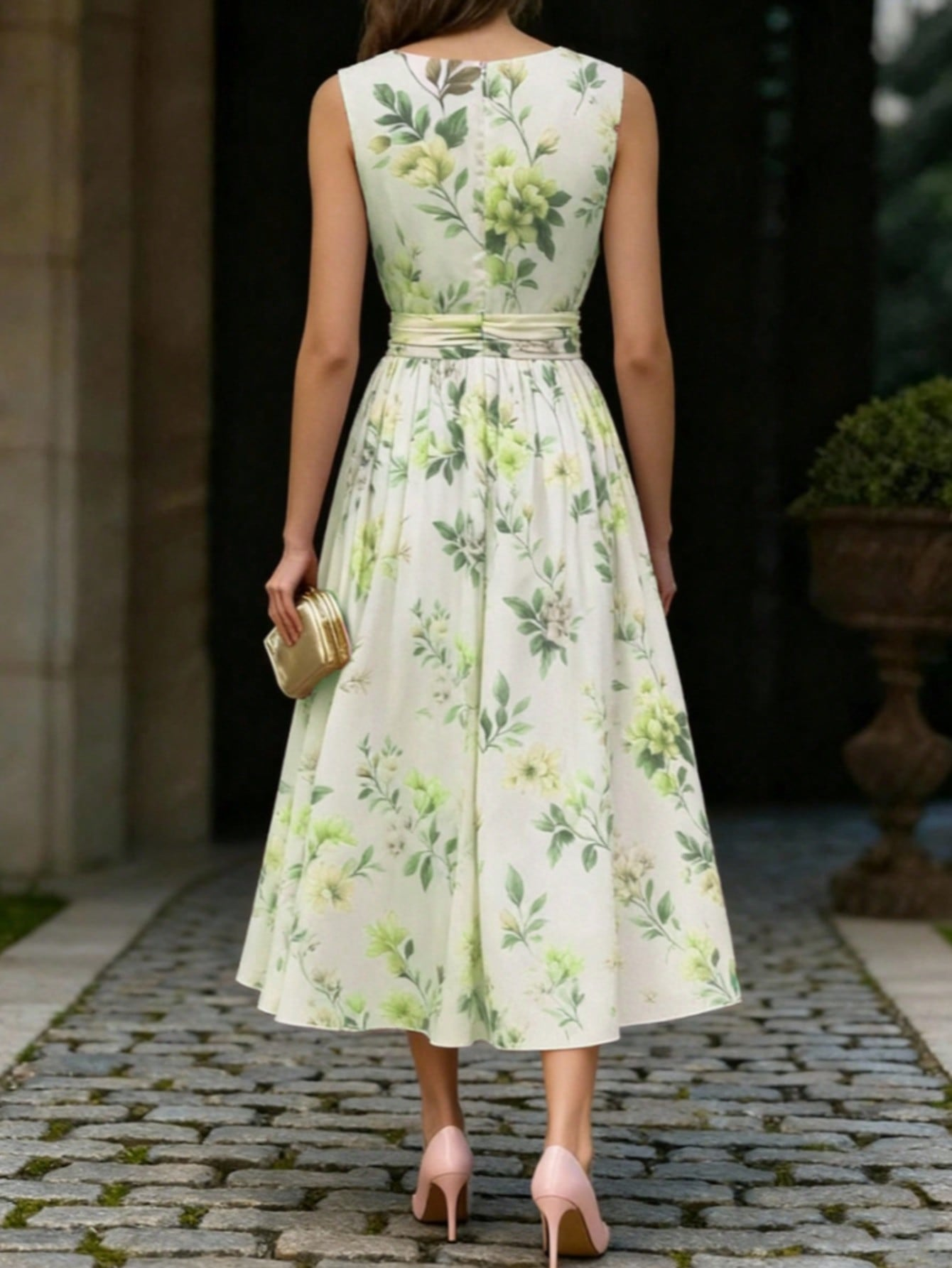 Women's Vintage Floral Print Midi Dress, Elegant Ditsy Flower Pattern Casual Sundress, Boho Chic High Waist Flowy A-Line Dress