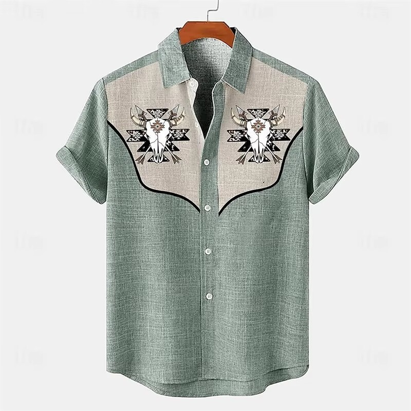 Mens Designer Tribal Print Linen Shirt Short Sleeve Casual Button Down Hawaiian Style Summer Beach Vacation Wear Plus Size