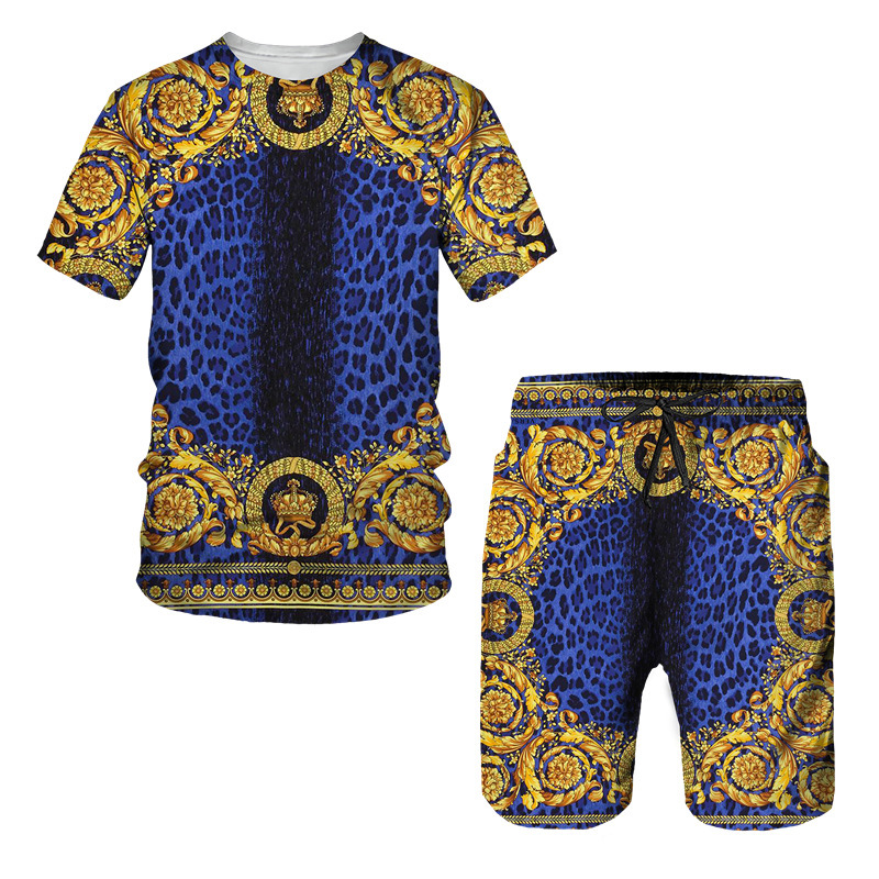 Designer Mens Baroque Lion Print 2 Piece Outfit Short Sleeve T Shirt And Shorts Set Luxury Gold White Casual Beach Vacation Wear Plus Size