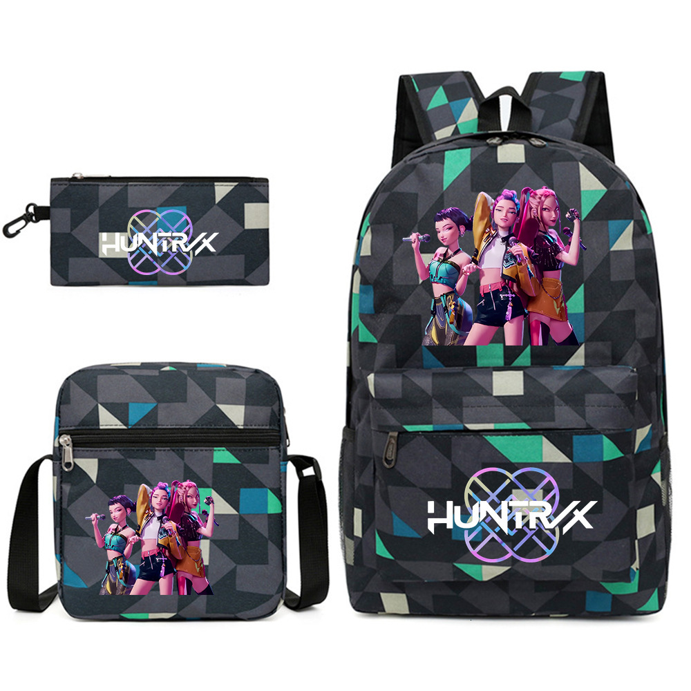 Kpop Hunters Demon Slayer Printed Student Backpack Shoulder Bag Pencil Case Three-Piece Set