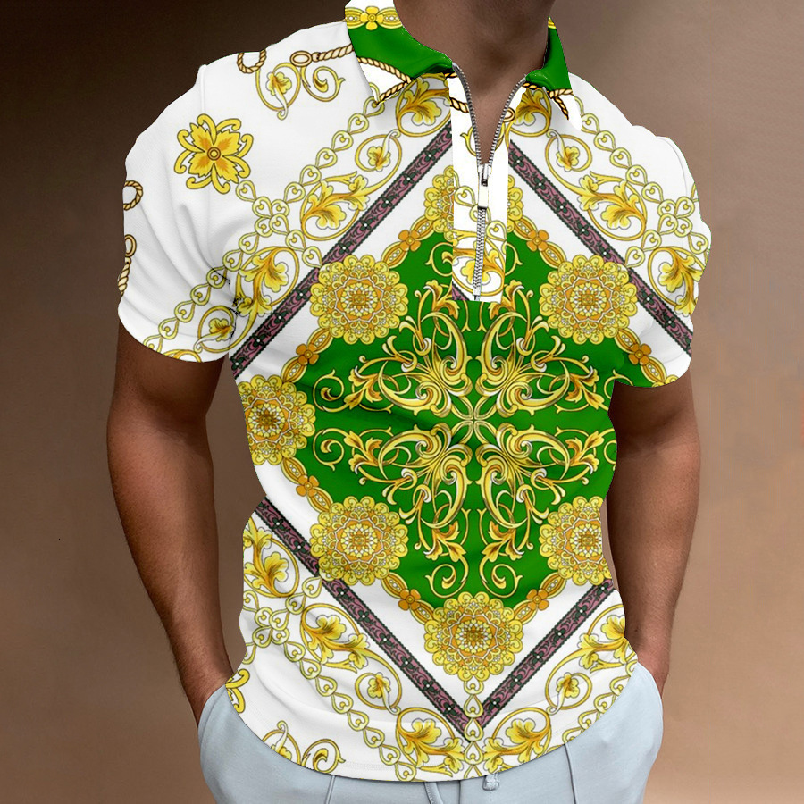 Designer Mens Luxury Baroque Print Polo Shirt Half Zip Collar Short Sleeve Black Gold Pattern Casual Business Top For Men Summer Plus Size