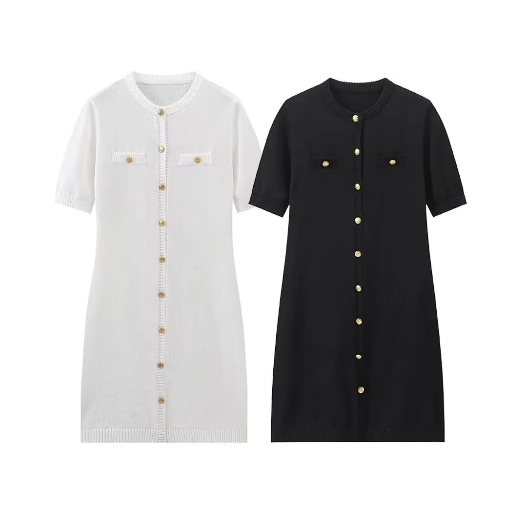 Casual Dresses Women's 2026 A-line Knitted Chic Single Breasted Mini Vestidos Elegant Short Sleeve Slim Contrast Lady Dress