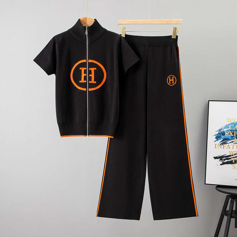 Cross-Border 2026 Summer New Women's Sports Knit Set: Loose Slimming Stand Collar Top And High-Waisted Wide-Leg Pants Two-Piece Set