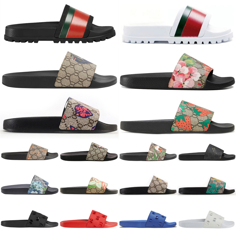 Designer Slippers Mens Womens Flats Slides Web Rubber Slide Sandal Blooms Floral Leather Fabric Black White Striped Luxury Slipper Summer Beach shoes claquettes