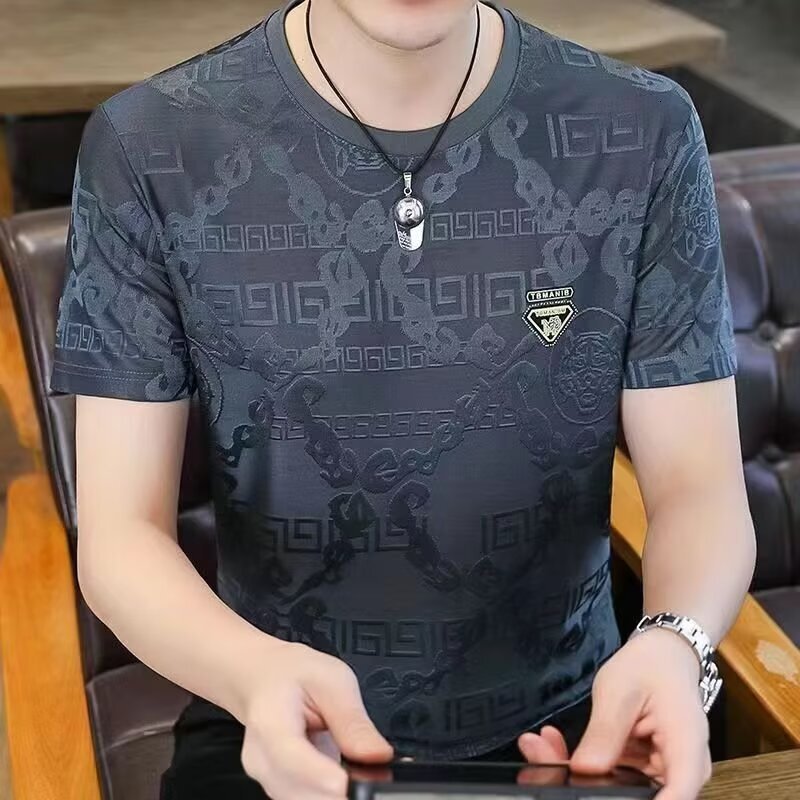 Men's Summer Ice Silk Jacquard Designer Short Sleeve T-shirt New Round Neck Half Sleeve Casual Thin Style Sports Versatile Breathable T-shirt