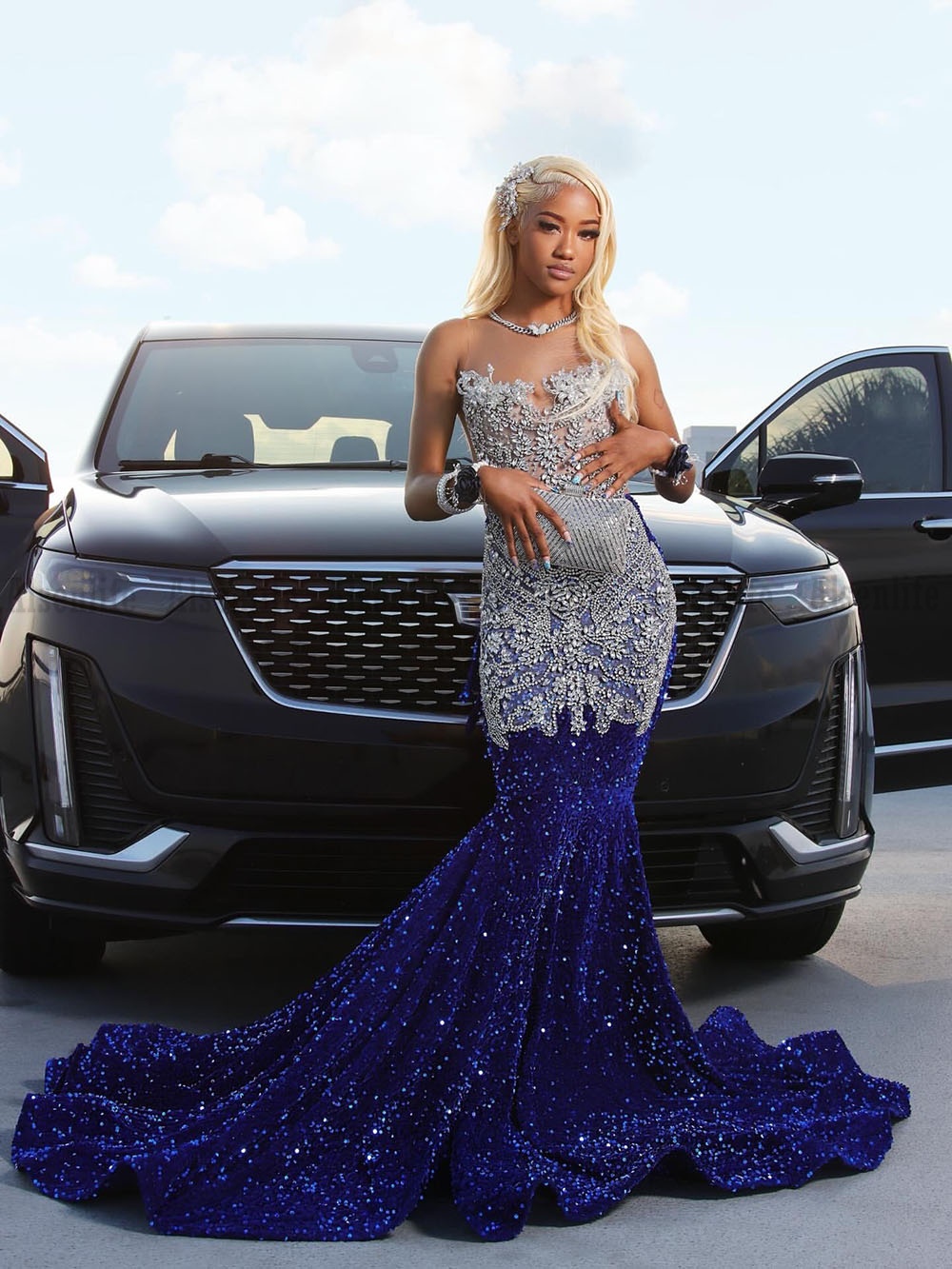 Royal Bue Long Prom Dresses For Black Girls Bead Crystal Birthday Party Dress Evening Gowns