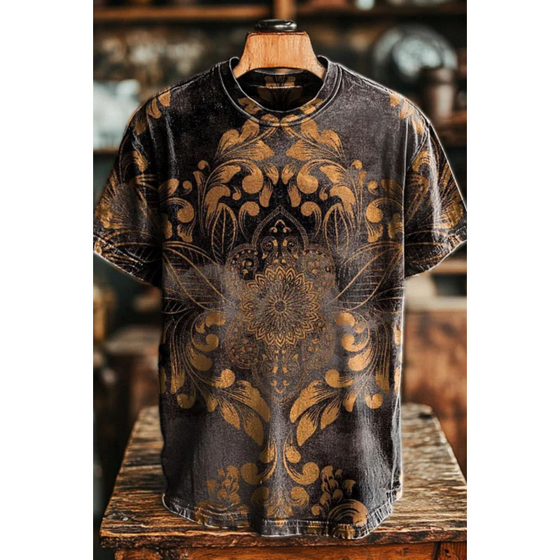 Mens Designer Vintage Baroque Print T Shirt Short Sleeve Crew Neck Streetwear Top Hip Hop Style Gold Black Pattern Casual Daily Wear
