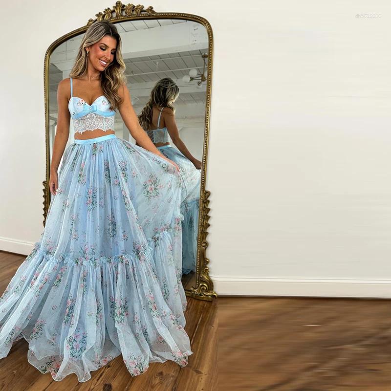 Work Dresses Floral Lace Patchwork Skirts Suits Women Slim Sleeveless Tank Top Waist-cinching Skirt Lady Spring Summer Outwear