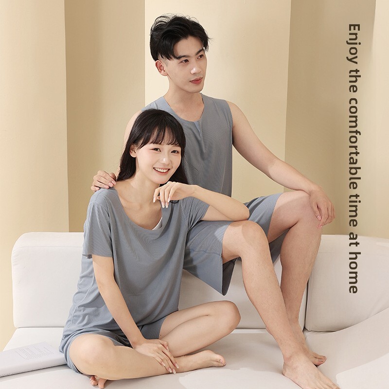 Ice Silk Pajamas Summer Homewear Set, Ribbed Seamless Round Neck Thin Short Sleeve Men's Tank Top T-Shirt Wholesale