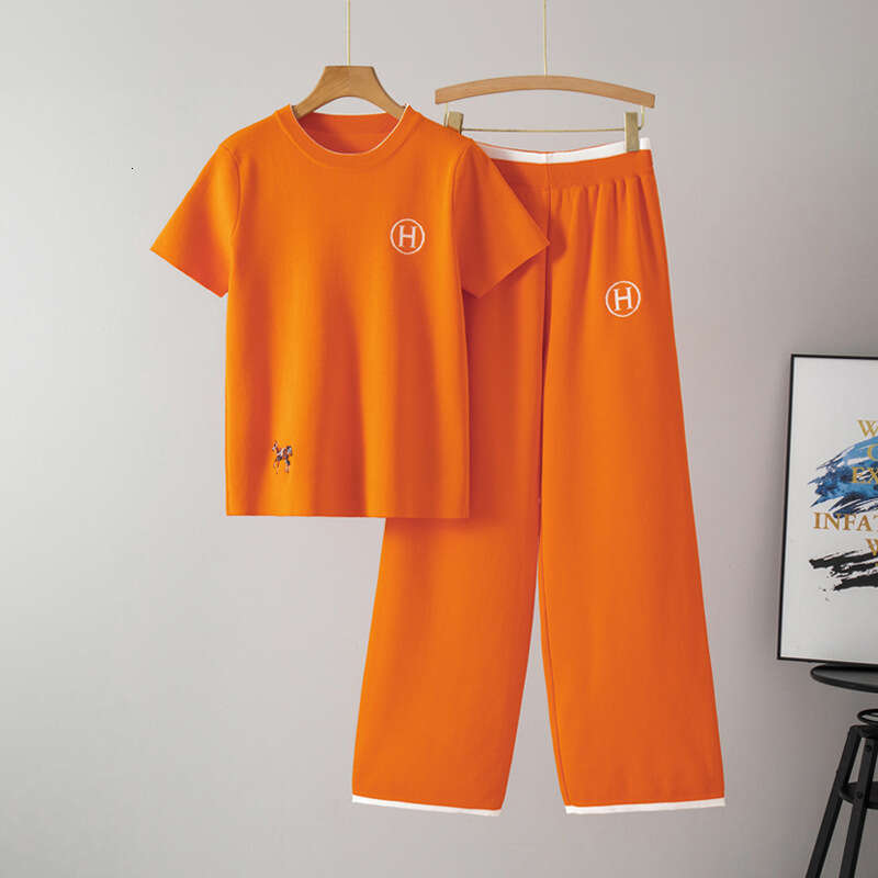 European American 2026 Embroidered Short-Sleeve Knit Top And High-Waisted Wide-Leg Pants Two-Piece Set For Women Summer