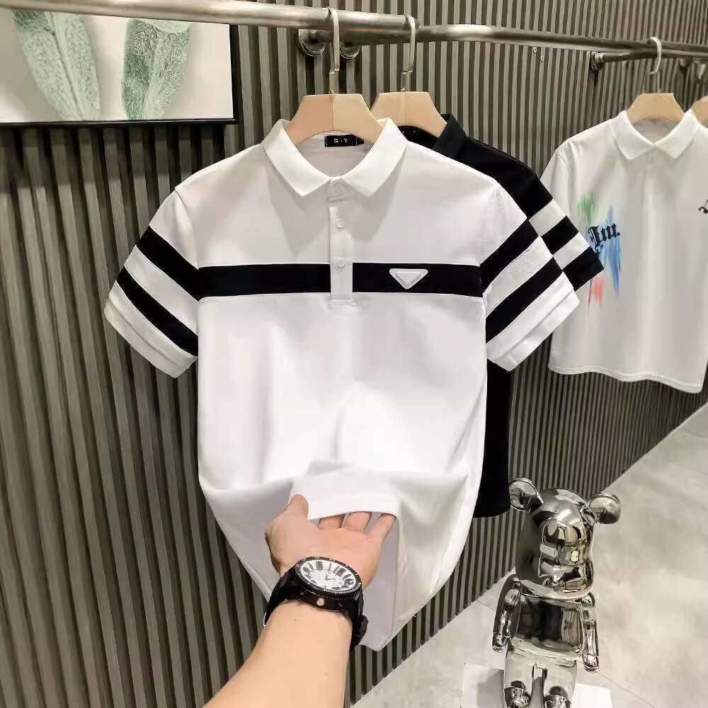 European-Style Trendy Black White Striped Turn-Down Collar Luxury Men's T-Shirt, Short-Sleeved Shirt, Fashionable And Versatile Clothing