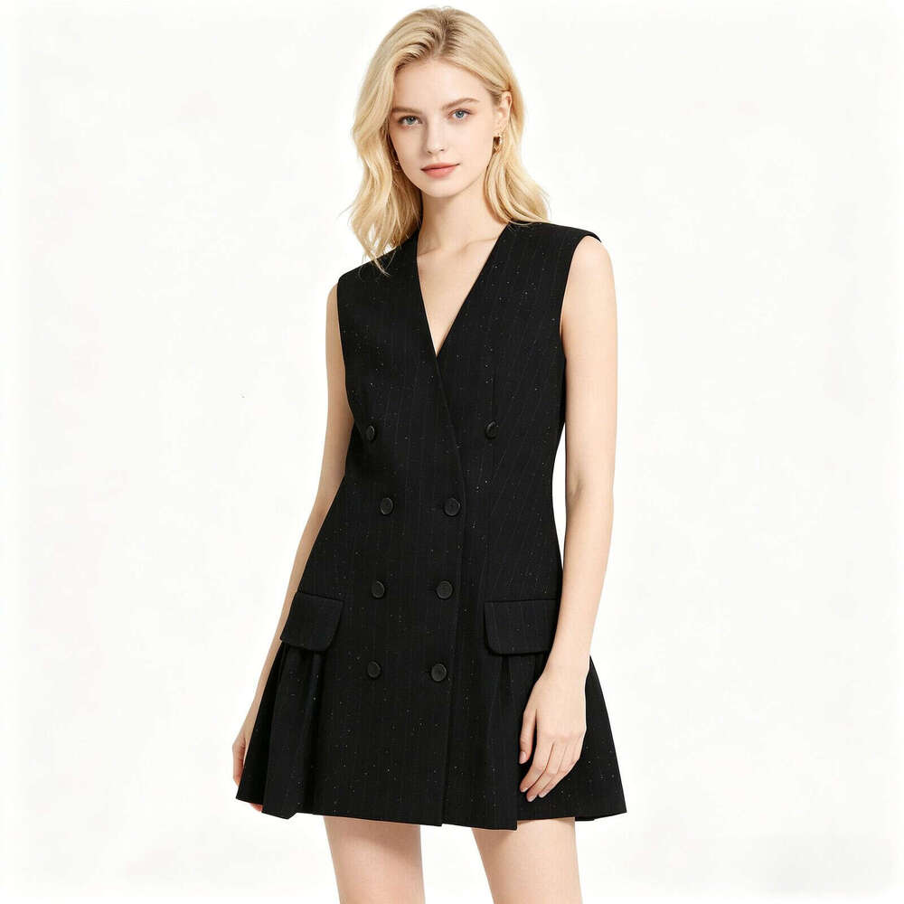 Autumn k30 new French elegant work commuting double breasted striped rhinestone vest, 2026 designer women's pleated skirt