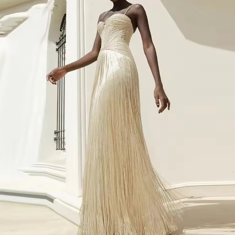 Women Elegant High Waist Slim Fit Tassel Long Dress Fashion Draped Solid Long Dress Sexy Off Shoulder Sleeveless Suspender Dress 260427 - view 5