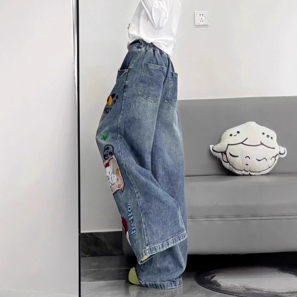 Women's Jeans Retro American Cartoon Floing Embroidery Men Women Cleanfit Waed Loose Wide Leg Pants Couples Casual Fit