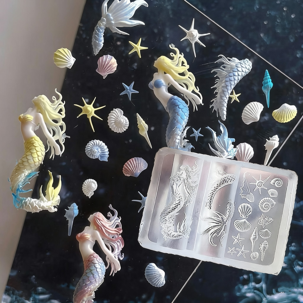 Mermaid & Ocean Elements Silicone Nail Art Mold 3D Embossed Mermaid Tail Seashell Starfish Coral UV Gel Polish Stamping Mold for DIY Nail Art