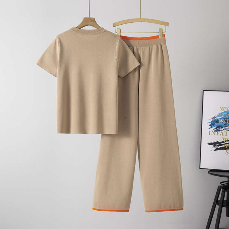 European American 2026 Embroidered Short-Sleeve Knit Top And High-Waisted Wide-Leg Pants Two-Piece Set For Women Summer