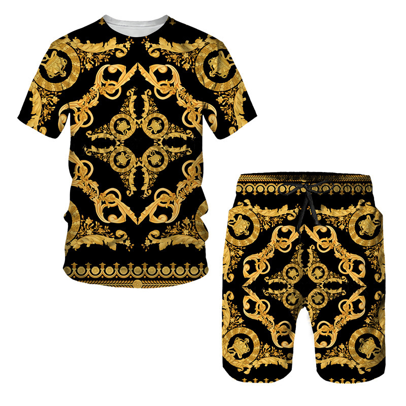 Designer Mens Baroque Lion Print 2 Piece Outfit Short Sleeve T Shirt And Shorts Set Luxury Gold White Casual Beach Vacation Wear Plus Size