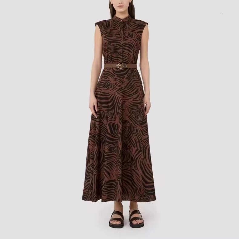 2026 k30 Spring and Summer New Printed Women's Dress, Designer Cotton A-line Stand up Collar Sleeveless Dress