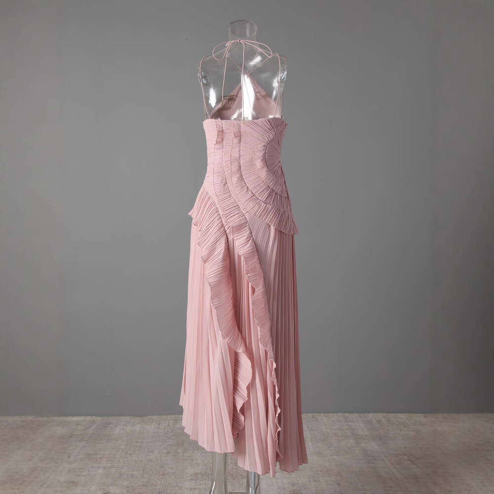 Chiffon Dress Women, Elegant Sophisticated, With Ruffles, Pleats, Halter Neck, Open Back, Suitable For Vacation And Parties LEEGO LENS
