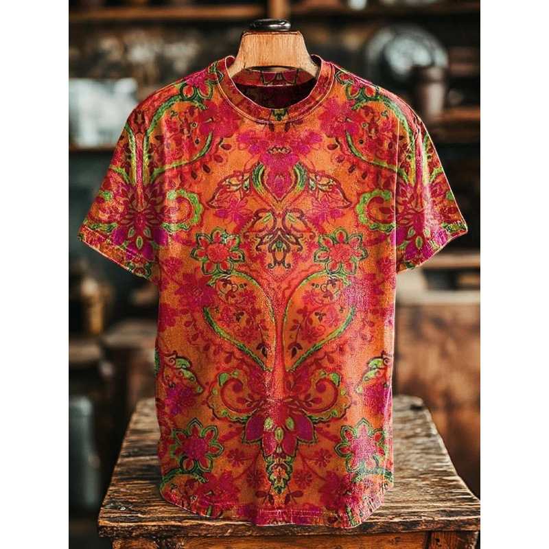 Mens Designer Vintage Baroque Print T Shirt Short Sleeve Crew Neck Streetwear Top Hip Hop Style Gold Black Pattern Casual Daily Wear