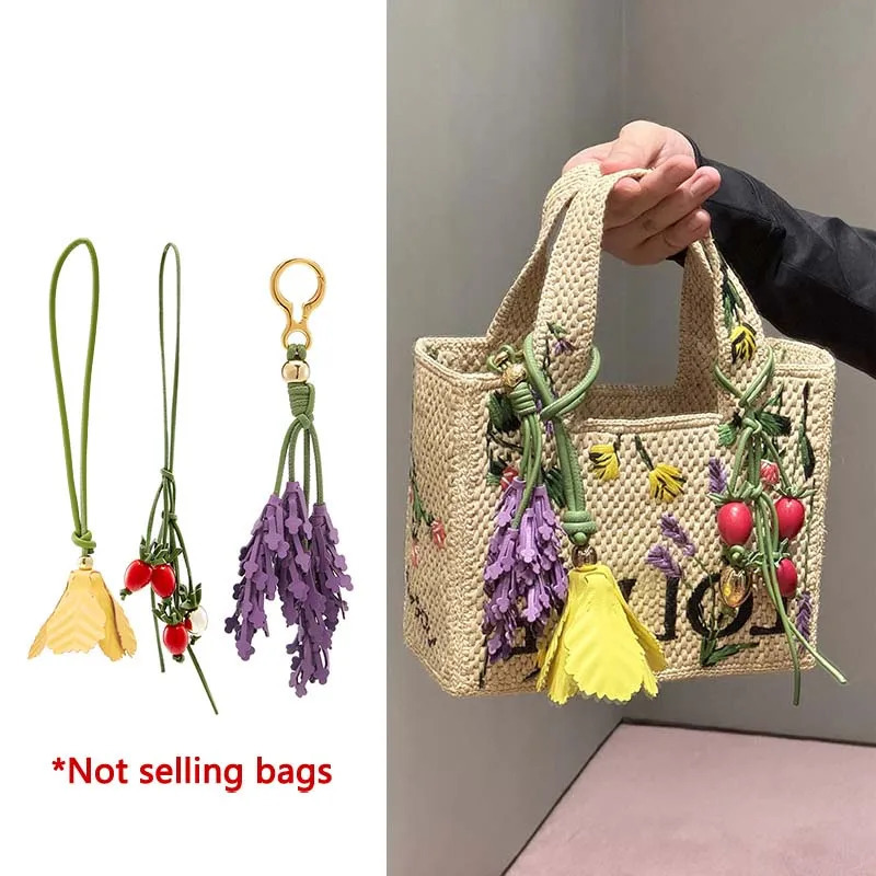 Classic Woven Straw Basket Keychain, Tomato String Bag Charm with Crystal Pillar Bone Accent, Model 5734, Tote and Car Keychains Accessory