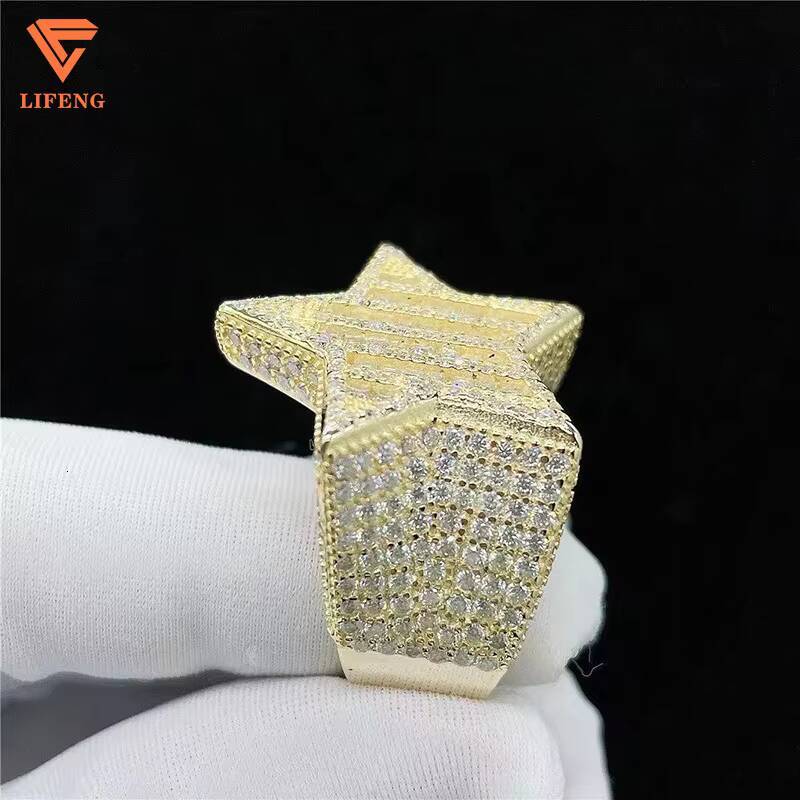 Fine Jewelry Luxury Band Ring 925 Sterling Silver VVS Moissanite Diamond Gold Plated Iced Star Blingbling Hip Hop Style Baguette