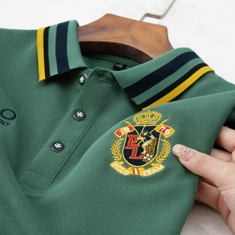 Men's Mint Green Polo Shirt With Color Striped Collar And Royal Crest Embroidery Soft Pique Cotton Short Sleeve Casual Top For Summer Office And 