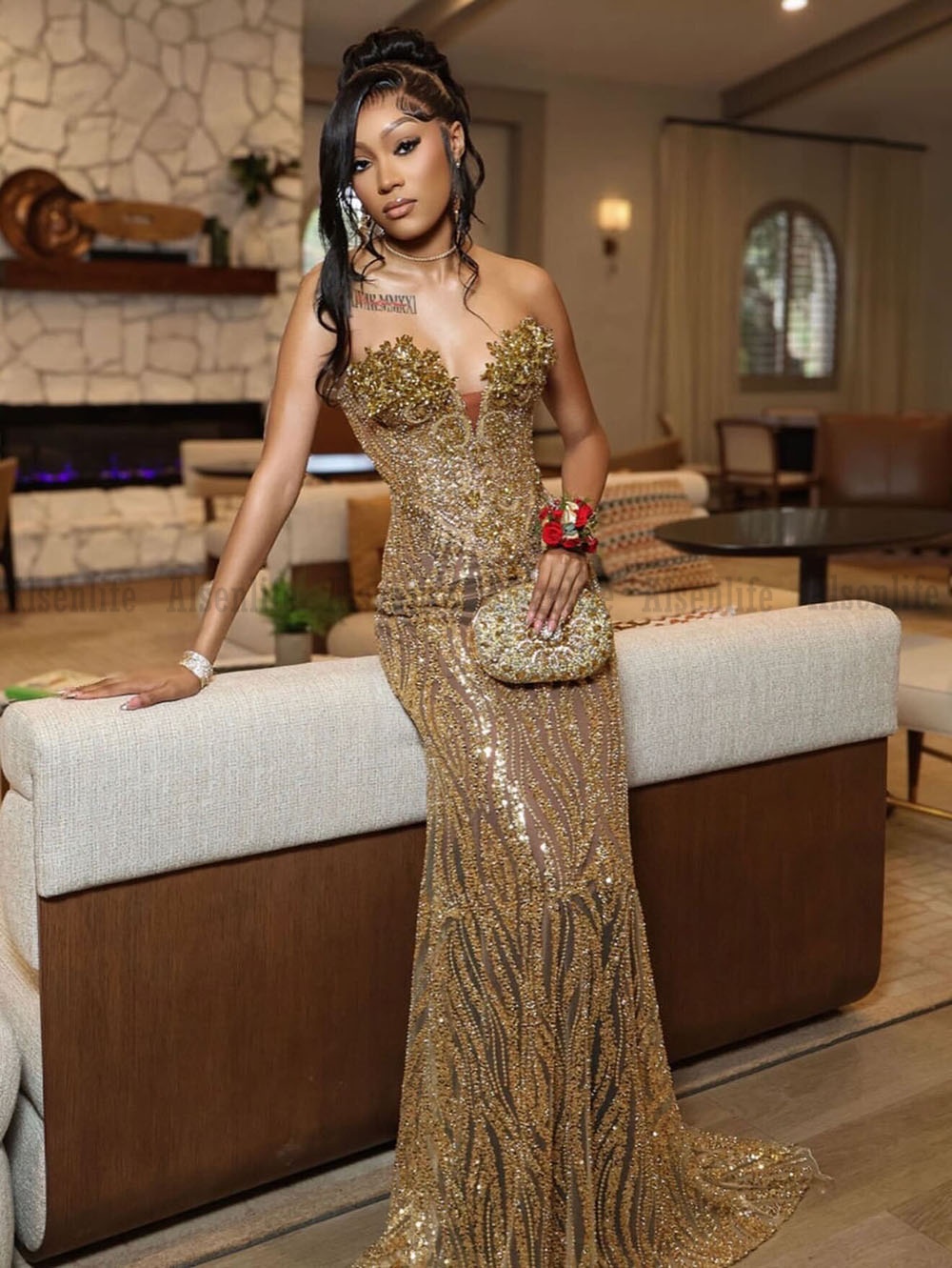 Elegant Gold Prom Dresses Mermaid 2026 Rhinestones Sequin Black Girls Evening Dress Birthday Party Gowns