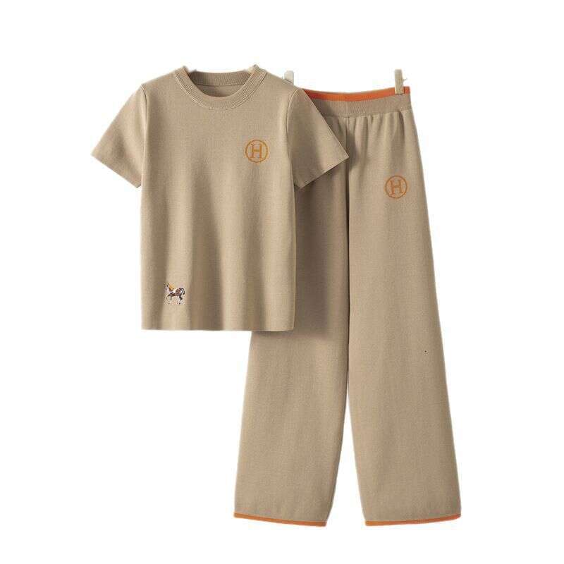 European American 2026 Embroidered Short-Sleeve Knit Top And High-Waisted Wide-Leg Pants Two-Piece Set For Women Summer