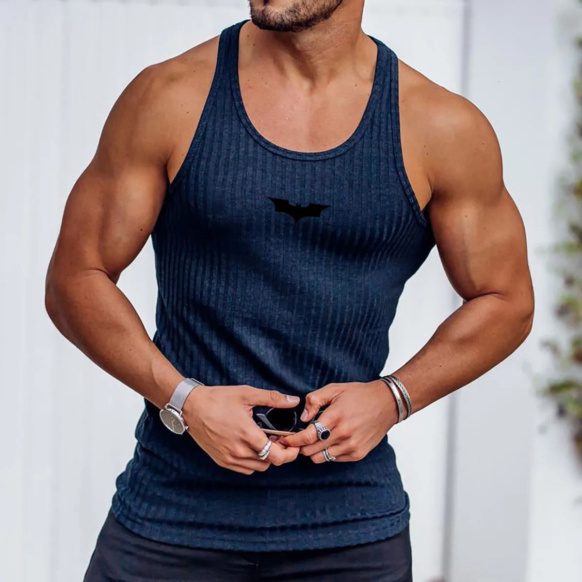 2026 Summer Men Bat Vest Plus Size Stripe Gym Tank Top Men Fitness Male Exercise Sports Vest Undershirt Bodybuilding Clothing 260427