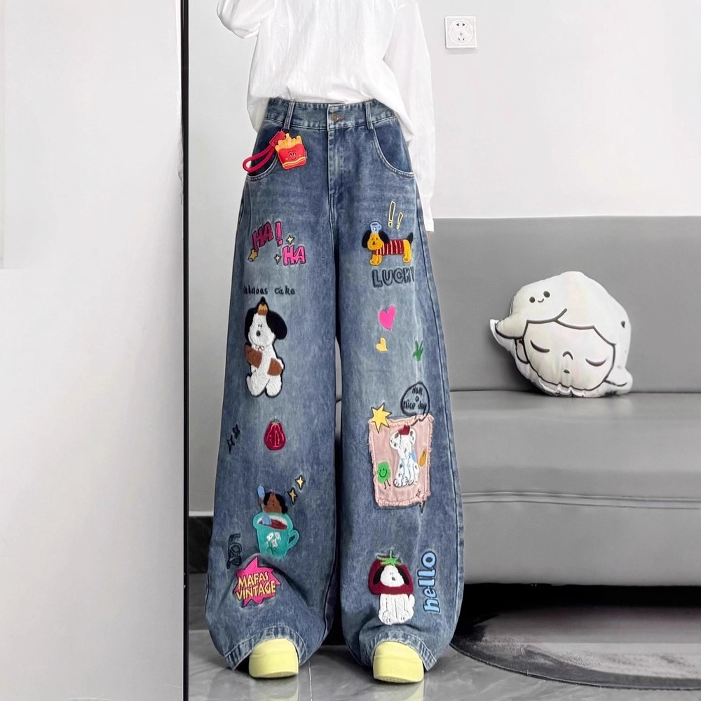 Women's Jeans Retro American Cartoon Floing Embroidery Men Women Cleanfit Waed Loose Wide Leg Pants Couples Casual Fit
