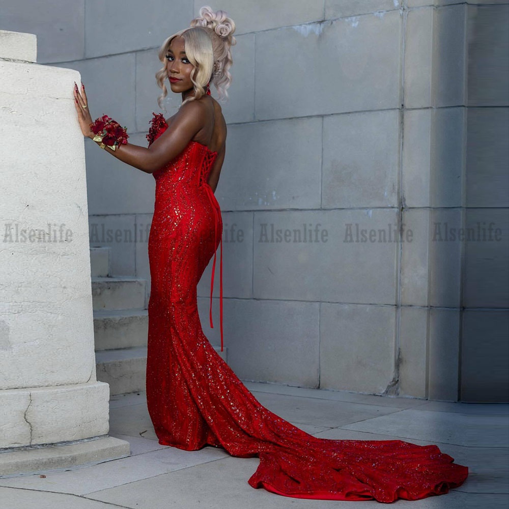 Red Prom Dresses 2026 Black Girls Mermaid Sequins Charming Party Gowns Customized Sleeveless Party Gowns Vestido De Festa