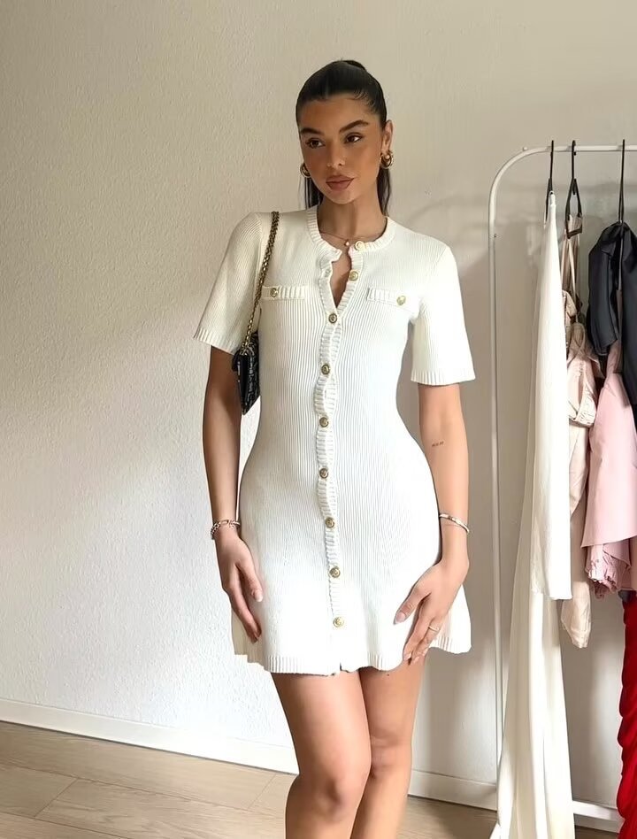 Casual Dresses Women's 2026 A-line Knitted Chic Single Breasted Mini Vestidos Elegant Short Sleeve Slim Contrast Lady Dress