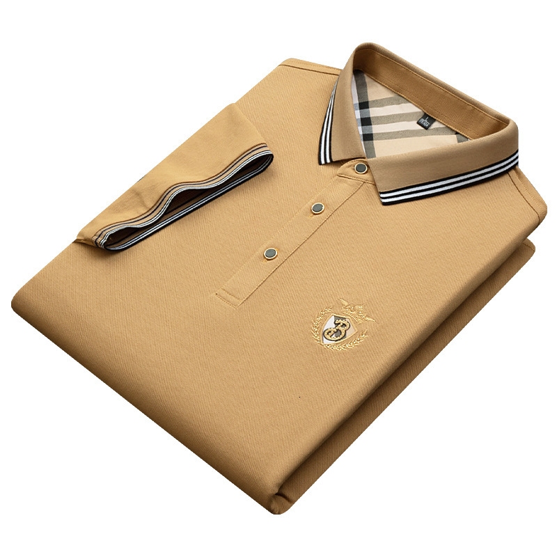 Men's Luxury Polo Shirt With Silk-Blend Fabric And Crown Crest Embroidery Contrast Beige Plaid Trim On Collar And Cuffs For Smart Casual Style In
