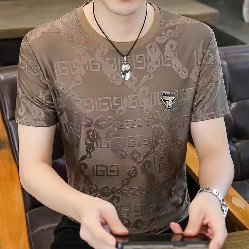 Men's Summer Ice Silk Jacquard Designer Short Sleeve T-shirt New Round Neck Half Sleeve Casual Thin Style Sports Versatile Breathable T-shirt