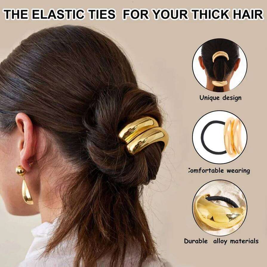 Classic Irregular Geometric Charms Ties Gold Silver Metal Ponytail Holder Hair Cuff Rope Women Girls Elastic Rubber Band
