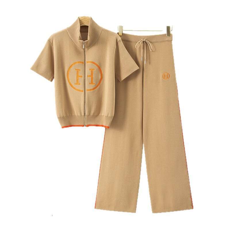 Cross-Border 2026 Summer New Women's Sports Knit Set: Loose Slimming Stand Collar Top And High-Waisted Wide-Leg Pants Two-Piece Set