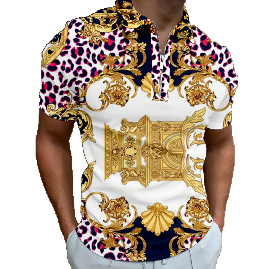 Designer Mens Luxury Baroque Print Polo Shirt Half Zip Collar Short Sleeve Black Gold Pattern Casual Business Top For Men Summer Plus Size