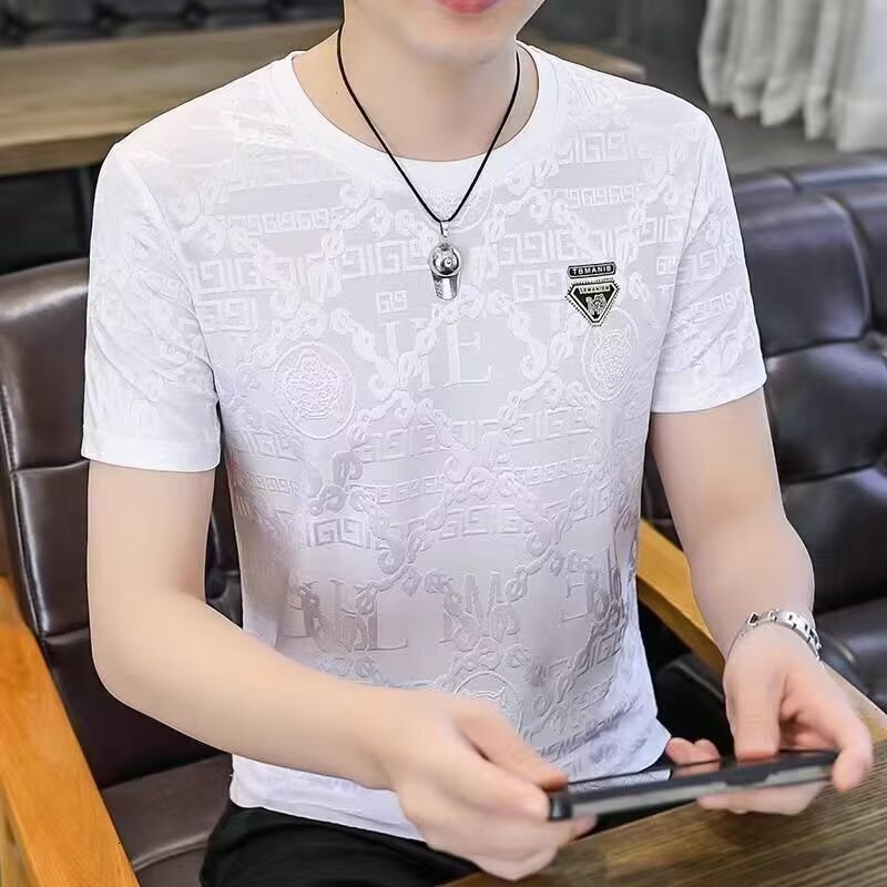 Men's Summer Ice Silk Jacquard Designer Short Sleeve T-shirt New Round Neck Half Sleeve Casual Thin Style Sports Versatile Breathable T-shirt