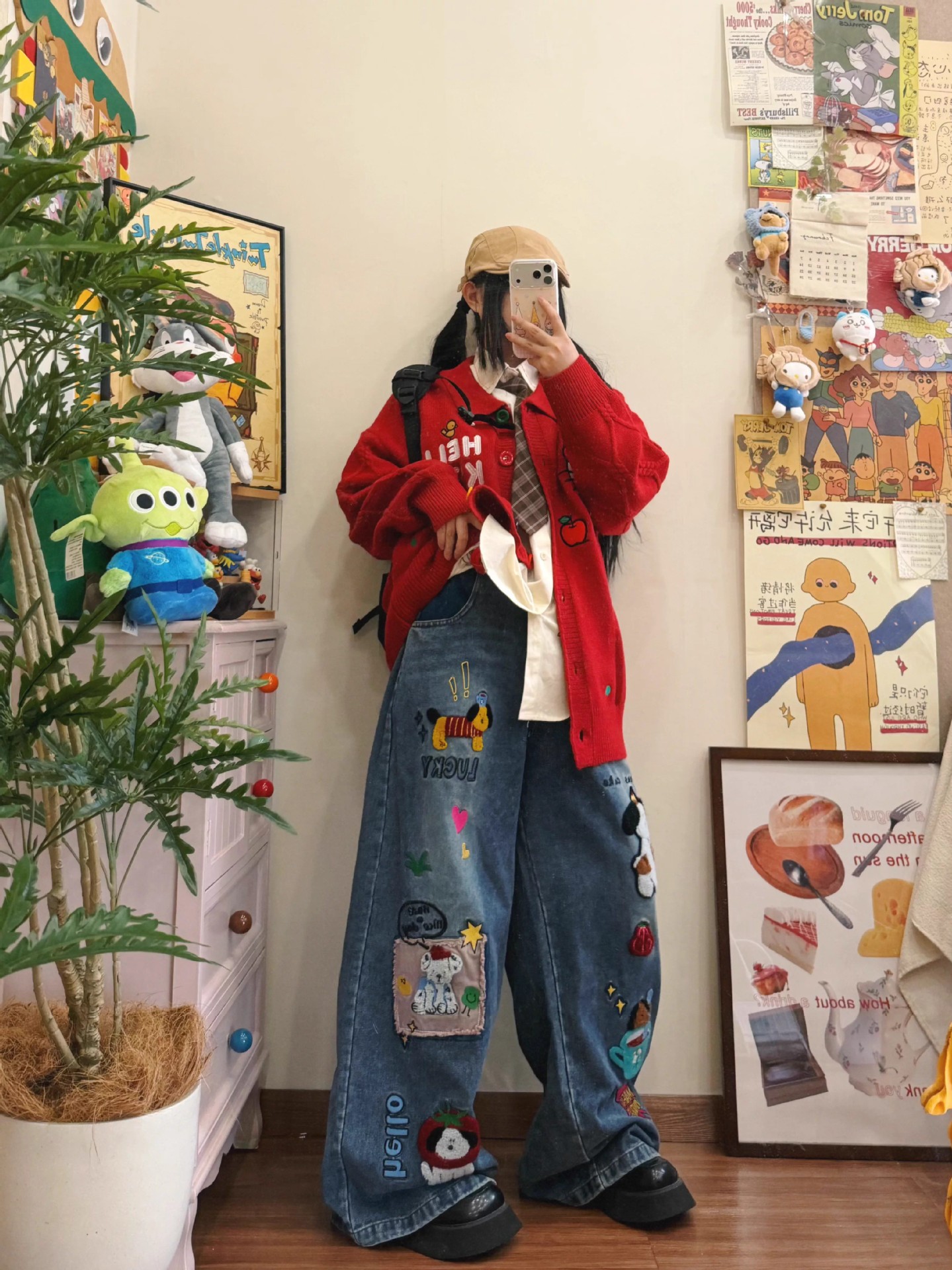 Women's Jeans Retro American Cartoon Floing Embroidery Men Women Cleanfit Waed Loose Wide Leg Pants Couples Casual Fit