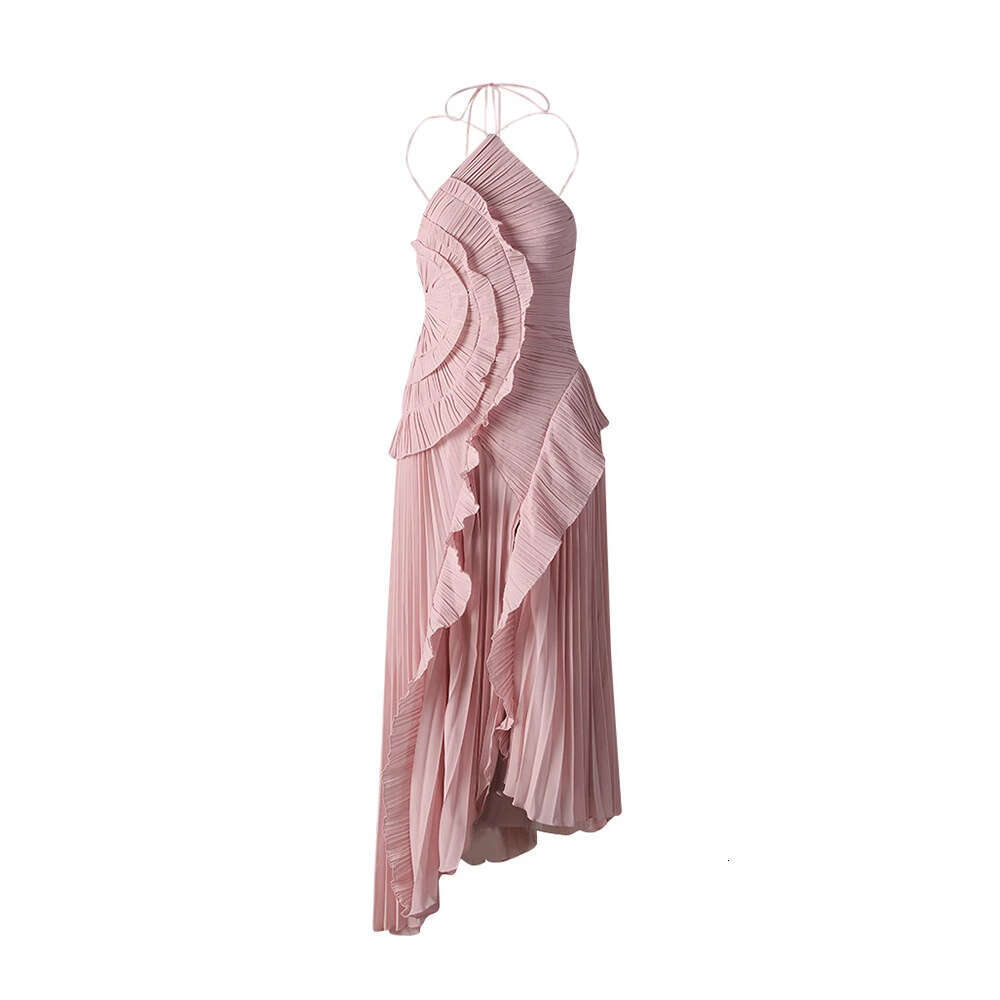 Chiffon Dress Women, Elegant Sophisticated, With Ruffles, Pleats, Halter Neck, Open Back, Suitable For Vacation And Parties LEEGO LENS